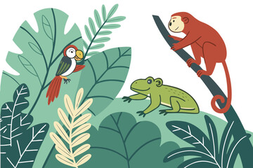 Tropical jungle animals and plants in cartoon style isolated on white background