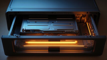 A home NAS server shows one hot-swap bay extended with a drive partially ejected, ambient LED glow lighting the scene.