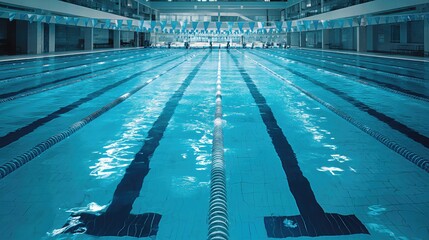 An empty public swimming pool at opening time shows lap lanes and starting blocks, cool cyan tones filling a wide banner with headline space.