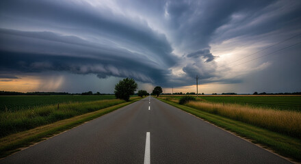 A dramatic and powerful landscape shot of a long, empty road leading toward a massive, swirling storm front. The dark, ominous clouds fill the sky, contrasting sharply with the bright light on the hor