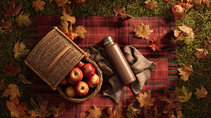Cozy autumn flat lay with red apples book plaid blanket and colorful leaves