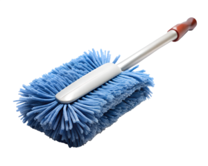 Blue microfiber duster brush with handle for cleaning isolated on transparent background