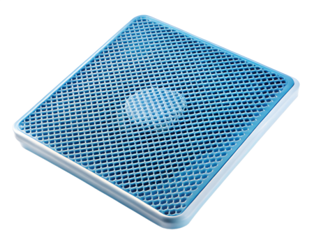 Blue gel seat cushion pad with grid texture isolated on transparent background