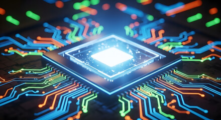 Glowing central processor with abstract circuitry and data flow