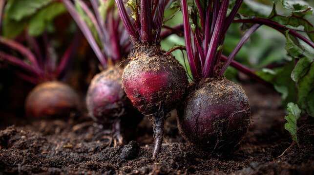 Red beets being uprooted from garden soil. Purple stems and leaves - Powered by Adobe