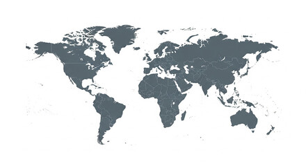 A modern and detailed world map with a subtle textured effect and a clean white background. This minimalist design features a dark, solid color for all countries