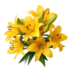 Bright yellow lilies arranged beautifully in a bouquet for decoration and celebration purposes