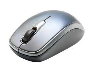 Closeup of a silver computer mouse with a scroll wheel, isolated on transparent background