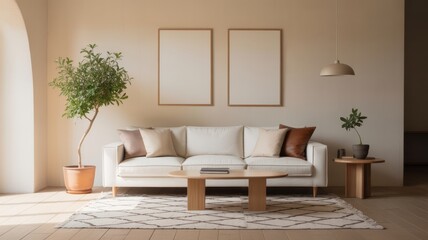 A cozy, modern living room featuring a stylish sofa, coffee table, indoor plants, and a minimalist design with neutral tones.