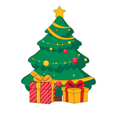 The Christmas tree is decorated with balls and garlands, under the Christmas tree gifts, isolated on a white background