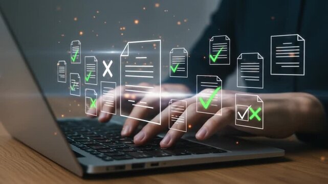 Person typing on a laptop with digital document icons and check and cross marks above the keyboard