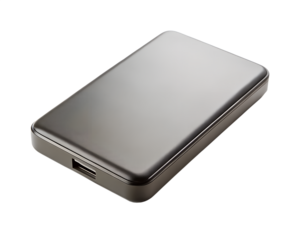 Silver external hard drive for data storage isolated on transparent background