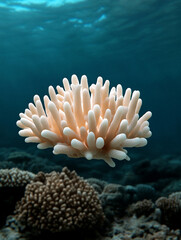 A coral reef made of just white corals in zoom in Hyper-realistic photography in the style of a skilled nature photographer. 