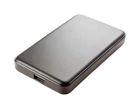 Silver external hard drive for data storage isolated on transparent background