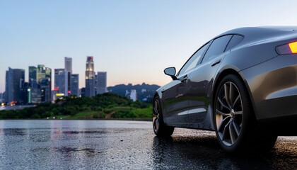 A sleek luxury car mockup parked on wet ground with a modern city skyline at dusk, offering ample copy space for advertising.