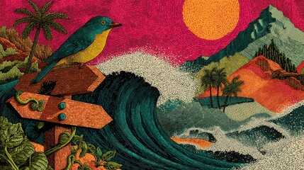 Bird, signpost, wave, vibrant landscape