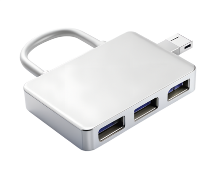 Silver aluminum usb hub with multiple ports for computer connection, isolated on transparent background