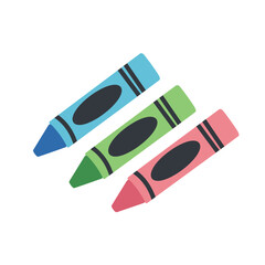 Colorful crayons in blue green and pink on white background
