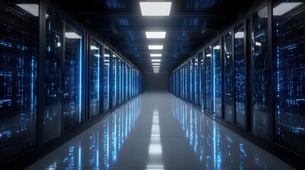 Fototapeta premium Symmetrical Corridor of a Modern Data Center with Blue Glowing Servers – Photoreal 8K Editorial