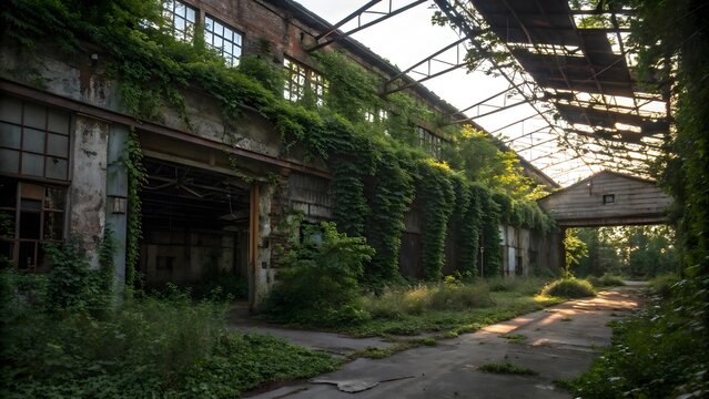 Overgrown abandoned industrial warehouse with sunlight streaming through a broken roof and lush green vegetation reclaiming the space