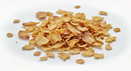  Dried Shallot Flakes With Pale Golden Tone on White Background