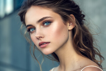 Portrait of a beautiful young woman with striking blue eyes and natural makeup. A classic beauty with elegant wavy hair and flawless, glowing skin.
Generative Ai.