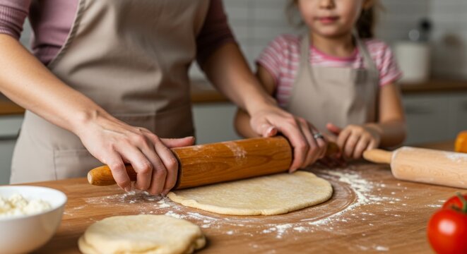 mother with child rolling dough in kitchen