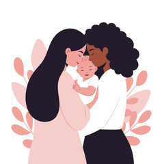 Two women lovingly holding and kissing a baby together in a tender moment