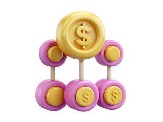 3d illustration of money coins with dollar signs in pink and yellow isolated on transparent background