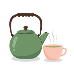 A green teapot and a pink cup of tea on a plain background