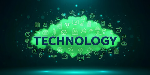 Green cloud of technology symbols and data