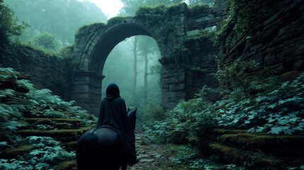 Horse and rider near crumbling arch in ancient ruins