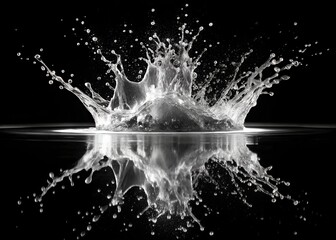 A dramatic highspeed photograph capturing a dynamic water splash and ripple effect on a dark reflective surface, showcasing the pure, clear liquid in a striking monochrome abstract composition