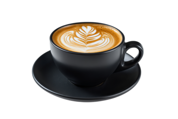 A black cup of coffee with latte art, isolated on a isolated on a transparent background in PNG format.