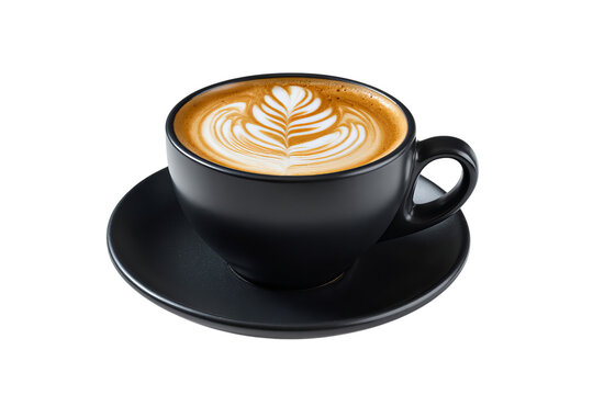 A black cup of coffee with latte art, isolated on a isolated on a transparent background in PNG format.