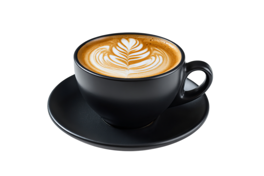 A black cup of coffee with latte art, isolated on a isolated on a transparent background in PNG format.