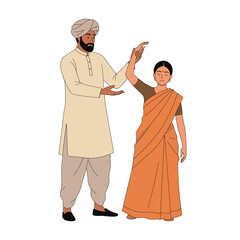Man and woman in traditional indian clothing gesturing and pointing together