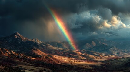 Rainbow arching over rugged mountain range at sunrise, dramatic storm clouds forming and dissipating in the distance