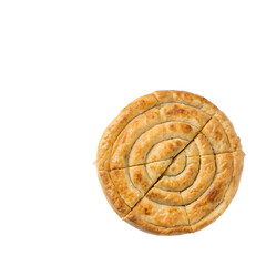 A round spiral pastry cut into six pieces. The pastry has a golden-brown crust and a flaky texture. The background is black, emphasizing the food item.