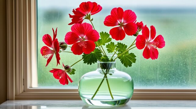 A vase of red flowers sits on a window sill - Powered by Adobe