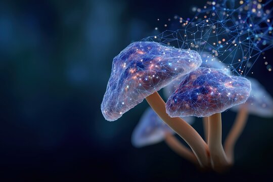 Futuristic bioluminescent mushrooms with digital network patterns in a dark forest