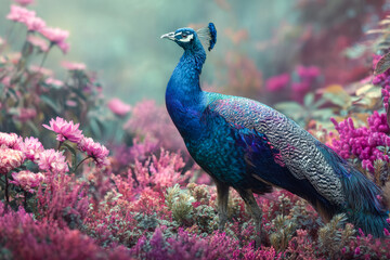 Obraz premium Vibrant peacock surrounded by colorful blooming flowers in a lush garden setting