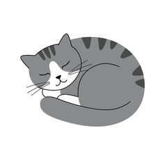 a cute gray and white cartoon cat sleeping peacefully curled up