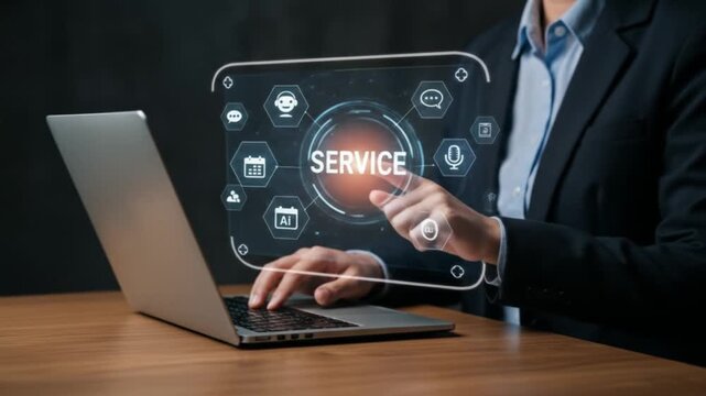 A person using a laptop with a service interface hovering above the keyboard on a wooden desk top