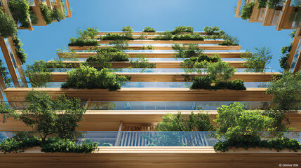 Verdant balconies with wooden accents and glass railings architecture building