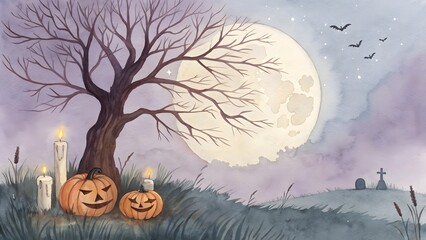 Spooky halloween night scene with jack o lanterns a bare tree and a full moon
