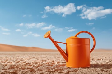 Orange watering can on arid desert landscape with blue sky and clouds