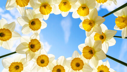 Scene from below, showing yellow and white daffodils
