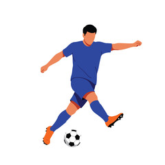 Soccer player in blue uniform kicking ball with orange cleats and socks