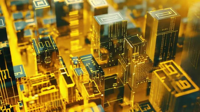 Urban landscape with tall buildings and city lights at sunset, great for use in urban development or architecture projects